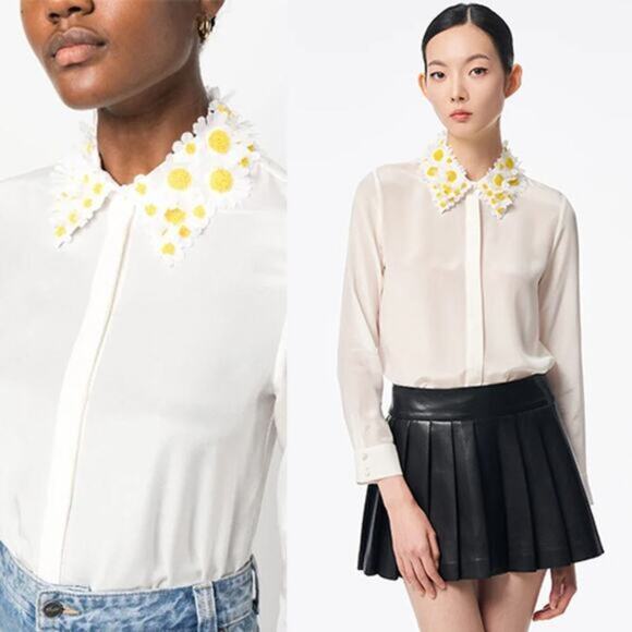 NWT Alice + Olivia Willa Silk Daisy Embellished Blouse Ecru Multi Size: Medium - Picture 11 of 11